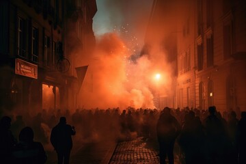 The scene shows a massive and spirited group of sports fans making their way down a street near the stadium, carrying flares and colored smoke in the colors of their club Generative AI