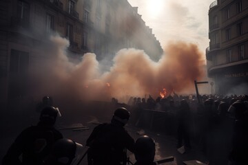 The scene shows a massive and spirited group of sports fans making their way down a street near the stadium, carrying flares and colored smoke in the colors of their club Generative AI
