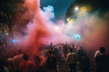 Fototapeta na wymiar The scene shows a massive and spirited group of sports fans making their way down a street near the stadium, carrying flares and colored smoke in the colors of their club Generative AI