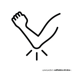 Elbow pain, arthritis symptom thin line icon. Joint inflammation. Pixel perfect, editable stroke. Vector illustration.