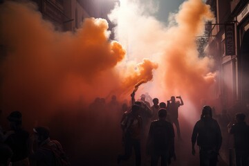 Fototapeta na wymiar The scene shows a massive and spirited group of sports fans making their way down a street near the stadium, carrying flares and colored smoke in the colors of their club Generative AI