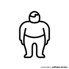 Obesity, excess weight thin line icon. Overweight, unhealthy body, dieting. Chubby man. Pixel perfect, editable stroke. Vector illustration.