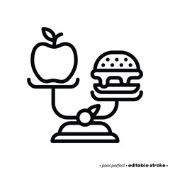 Unbalanced diet: scales with hamburger and apple. Unhealthy food. Pixel perfect, editable stroke. Vector illustration.