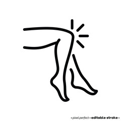 Knee pain, arthritis symptom thin line icon. Joint inflammation. Pixel perfect, editable stroke. Vector illustration.