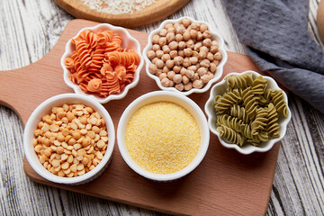  Gluten free porridges and pasta, gluten free diet ingredients. Plant-based movement, climate friendly eating, eco-friendly production