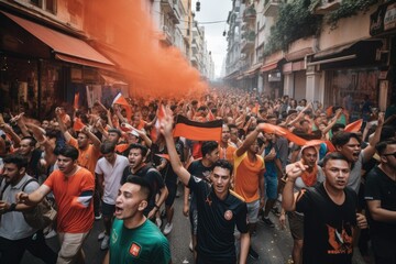 Obraz na płótnie Canvas The scene shows a massive and spirited group of sports fans making their way down a street near the stadium, carrying flares and colored smoke in the colors of their club Generative AI