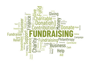Word cloud background concept for Fundraising. Charity funding, philanthropy donation support of charitable contribution. vector illustration.