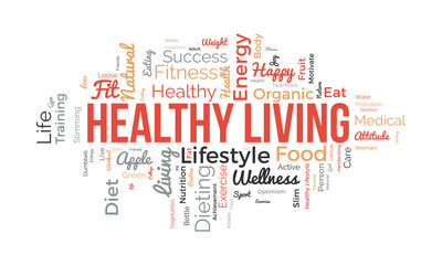 Word cloud background concept for Healthy living. diet exercise, fit lifestyle with organic food of eating energy. vector illustration.