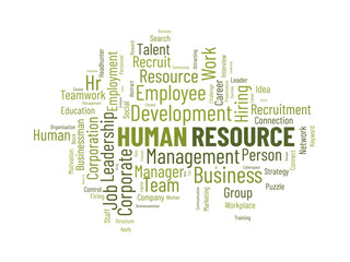 Obraz premium Word cloud background concept for Human resource. Business management, corporate employee development of teamwork presentation. vector illustration.