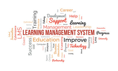 Word cloud background concept for Learning Management System(LMS). Business development goal, analysis of success knowledge improvement. vector illustration.