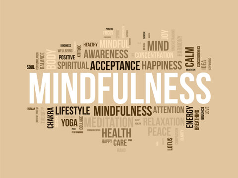 Word cloud background concept for mindfulness. Spiritual meditation, consciousness harmony and paece mind, happiness of mental soul. vector illustration.
