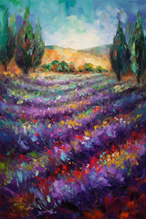 Harvesting the Beauty of Lavender Fields: A Textured Oil Painting in Bold Colors