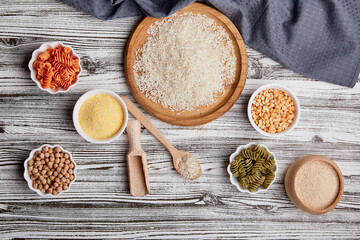 Set of natural gluten free porridges and pasta for gluten free diet top view. Plant-based movement, eco-friendly production, climate friendly eating concept