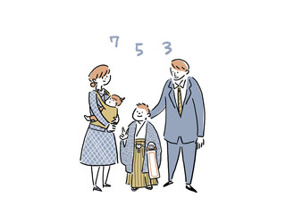 七五三、羽織袴を着た男の子と両親と赤ちゃん、（文字あり）
