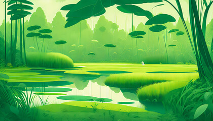 A Submerged Lake with Overflown Trees. Dense Jungle. Illustrative Style, Vector Art. Generative AI.