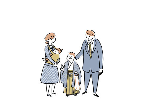 
七五三、羽織袴を着た男の子と両親と赤ちゃん、（文字なし）
