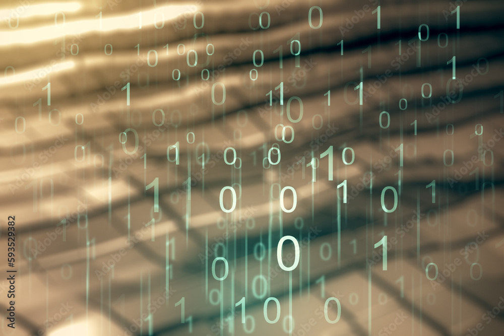 Aufkleber Abstract virtual binary code hologram on abstract metal background, AI and machine learning concept. Multiexposure