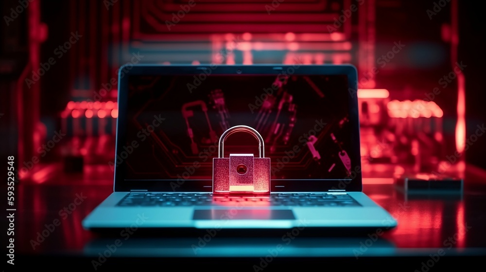 Sticker cyber security and cybercrime. system hacked with master key lock on laptop, notebook. cyber attack 