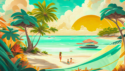 Fototapeta na wymiar Idyllic vacation spot, palm trees, beach chairs, and crystal clear waters. A dream come true. Illustrated in a stylized manner, created by Generative AI