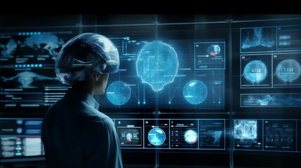 Doctor checking MRI brain scan virtual screen interface in laboratory room. Health care and medical, Surgeon doctor diagnoses. Research and development for Medical, Science technology. Generative AI