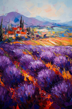 Harvesting the Beauty of Lavender Fields: A Textured Oil Painting in Bold Colors