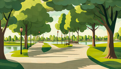 Obraz premium Urban park with paths, benches, and trees. Drawn style, Generative AI