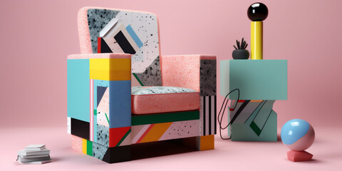 design geometric art scandinavian colourful memphis armchair room interior sofa home. Generative AI.