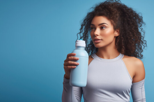 Fit and Refreshed: Woman taking a sip from water bottle in fitness clothing on blue background with space for text. Copy space. Active lifestyle and Wellness concept AI Generative