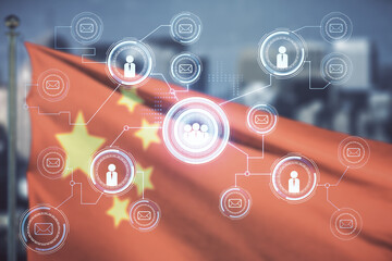 Abstract virtual social network concept on Chinese flag and skyline background. Multiexposure