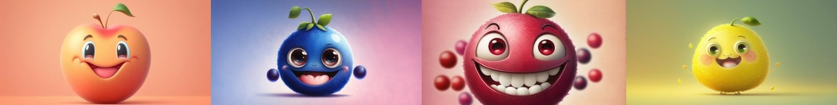 Naklejki Happy smiling fruits cartoon characters package set, funny cute berries mix stickers personages icons trendy pack collection on color background, healthy organic diet food concept. AI generative.