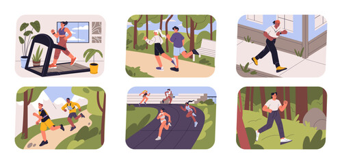 People running in park, city, nature in morning. Men, women, couple jogging outdoor and on treadmill. Runners set. Joggers during cardio workout, training, exercising. Flat vector illustrations