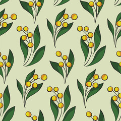 Seamless floral pattern, ornament with simple small line art plants. Botanical print with vintage motif, design with hand drawn flowers - berries, leaves on a light background. Vector illustration.