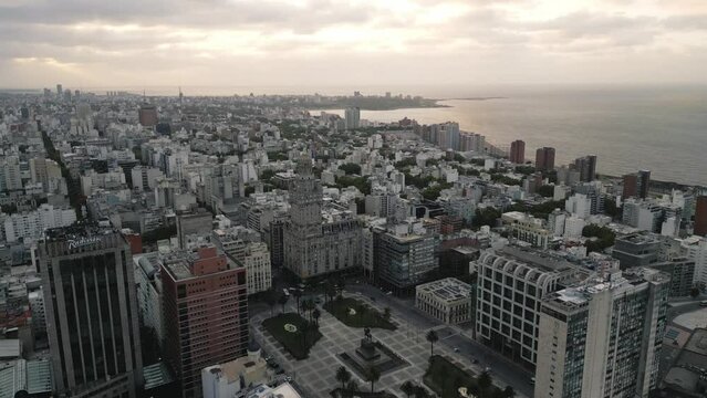 aerial Montevideo uruguay sunset skyline cityscape downtown historical city centre