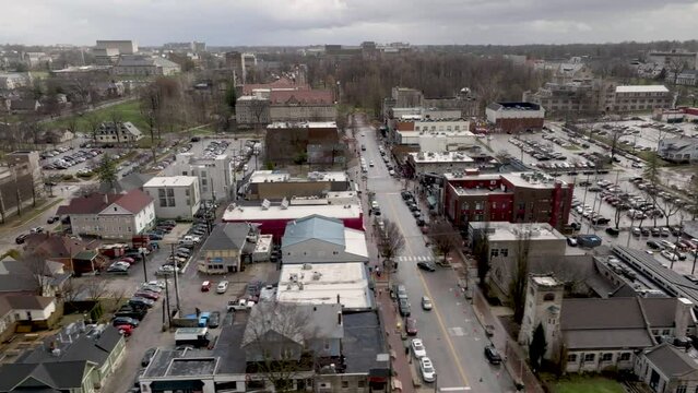 Downtown Bloomington, Indiana with drone video moving right to left.
