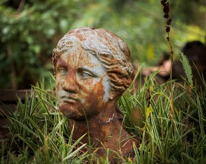 Woman's face statue in the forest