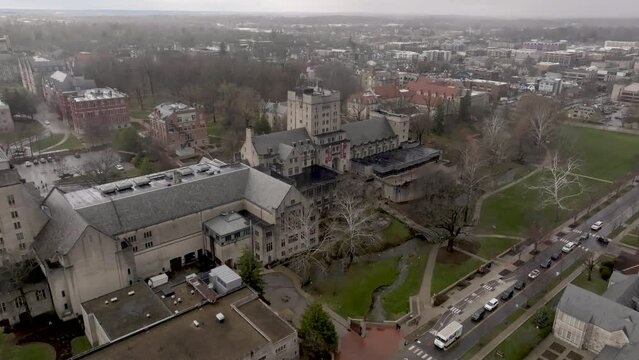 Indiana University Memorial Union building on the campus if Indiana University in Bloomington, Indiana with drone video moving forward.