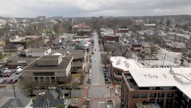 Downtown Bloomington, Indiana With Drone Video Moving Forward.