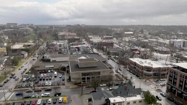 Downtown Bloomington, Indiana with drone video moving left to right.