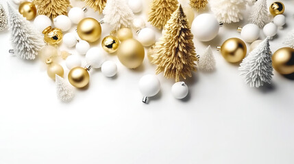 White Christmas background with Christmas balls and fir trees, generative AI.