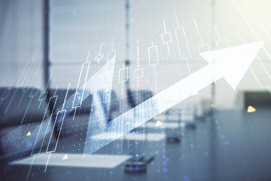 Abstract creative financial diagram and upward arrow hologram on a modern boardroom background, growth and development concept