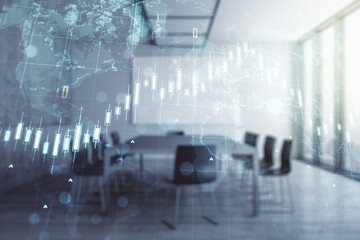 Double exposure of abstract creative financial chart hologram and world map on a modern meeting room background, research and strategy concept