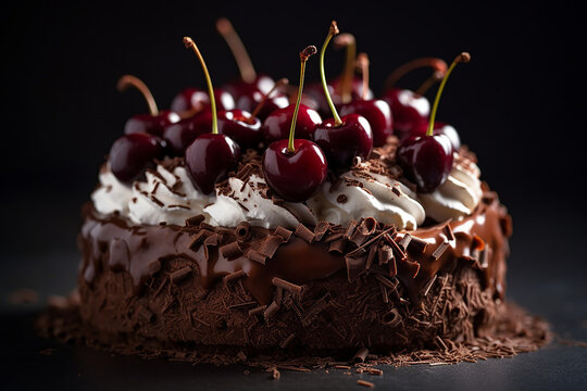 Black Forest Cheesecake con ciliegie, panna e scaglie di cioccolato. Sfondo nero. 