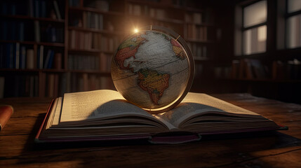 A glowing globe above an open book. A symbol of knowledge.