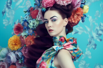 beauty woman fashion flower spring portrait peony art glamour bouquet summer. Generative AI.