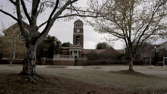 Peddle Bell Tower on the campus of Ole Miss in Oxford, Mississippi with stable establishing shot.