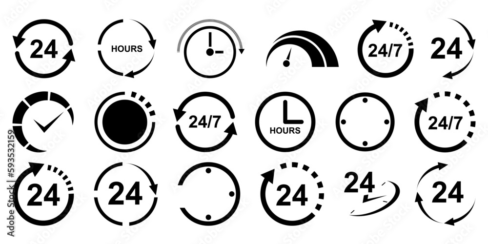 Poster black time arrow icon collection. 24 hours clock circle arrow icons