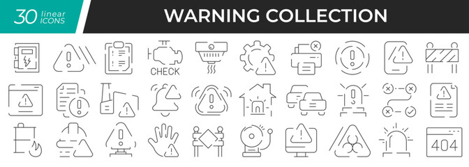 Warning linear icons set. Collection of 30 icons in black