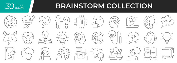 Obraz na płótnie Canvas Brainstorm linear icons set. Collection of 30 icons in black