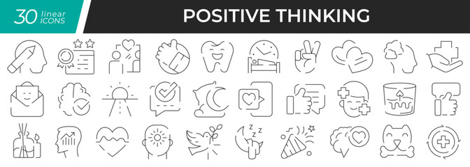 Fototapeta na wymiar Positive thinking linear icons set. Collection of 30 icons in black