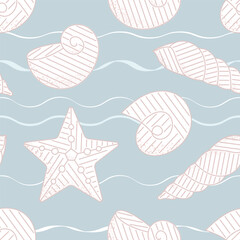 Sea shell vector seamless pattern. Textured seashells, stars background. Summer line doodle shapes on blue, underwater vintage fabric, wrap